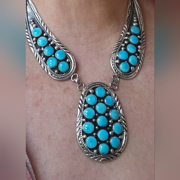 NEW CHARLES JOHNSON NATIVE AMERICAN NAVAJO STERLING SILVER TURQUOISE BIB NECKLAC - Picture 9 of 14